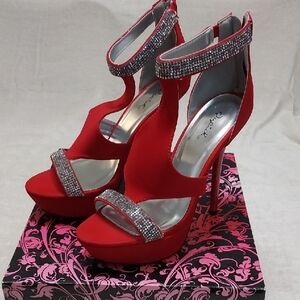 Qupid Red Heels with Silver Rhinestone Straps